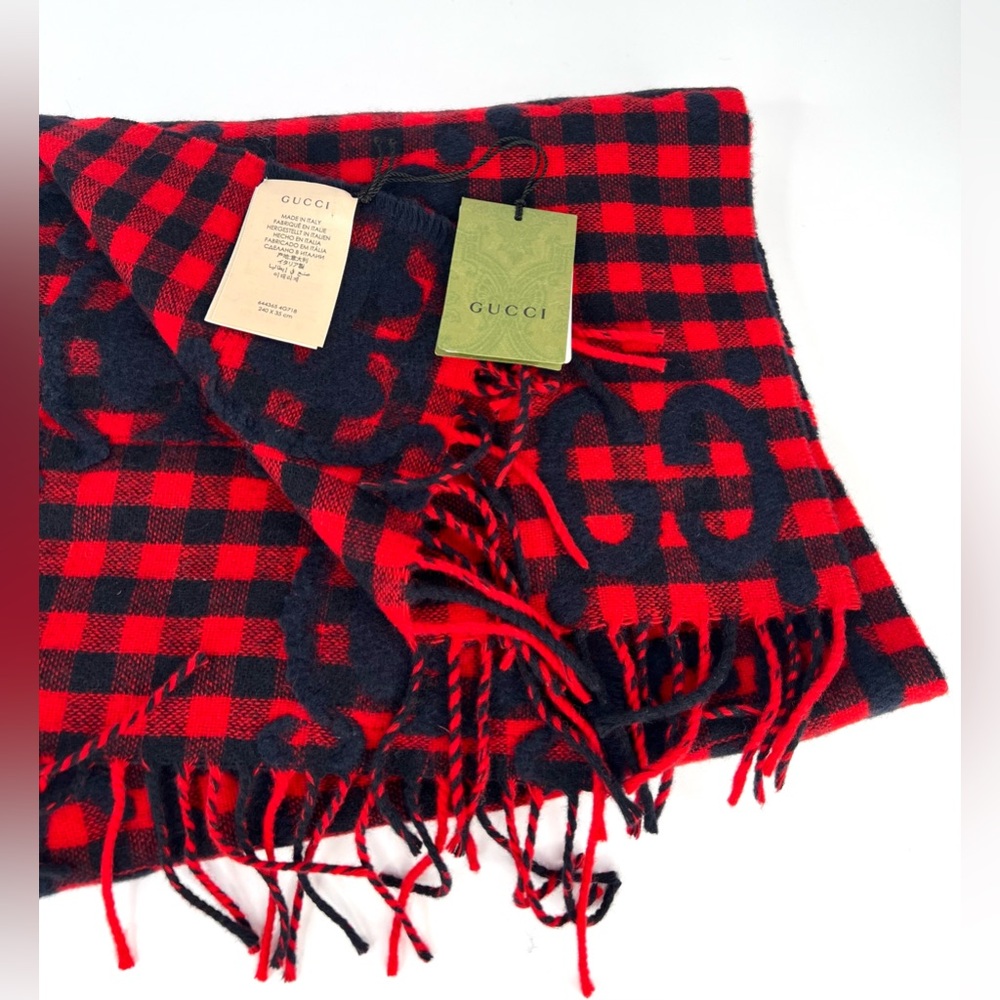 Gucci 644365 Red Blue Wool Jacquard Check GG Diamcheck Logo UNISEX Fringe Scarf - Picture 10 of 12